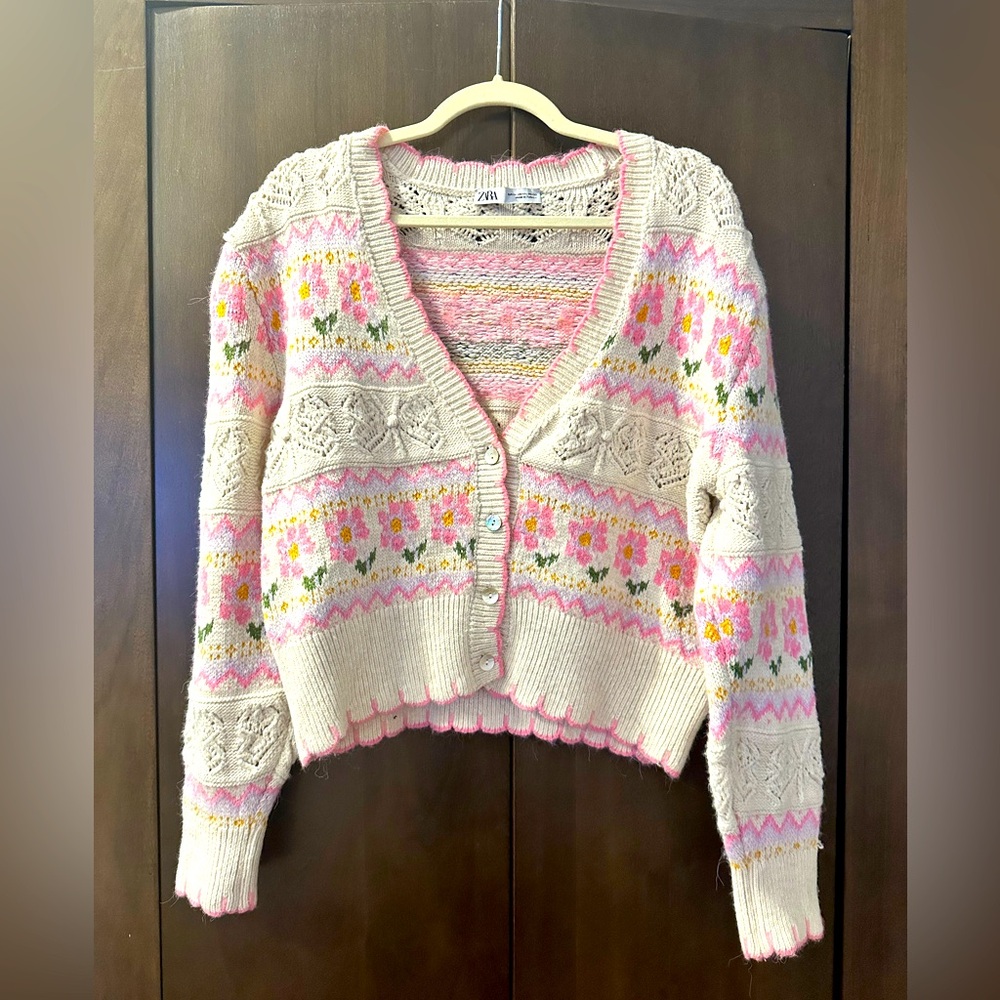 ZARA Floral Jacquard Knit Cardigan